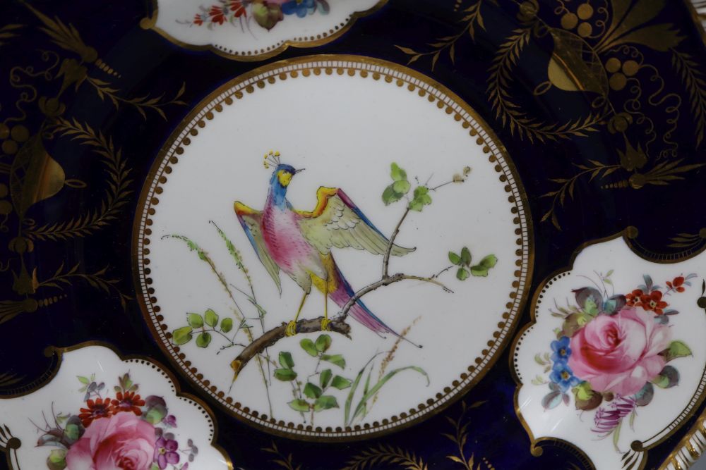 A pair of Royal Crown Derby plates, gilt decorated with birds and flowers, diameter 26cm